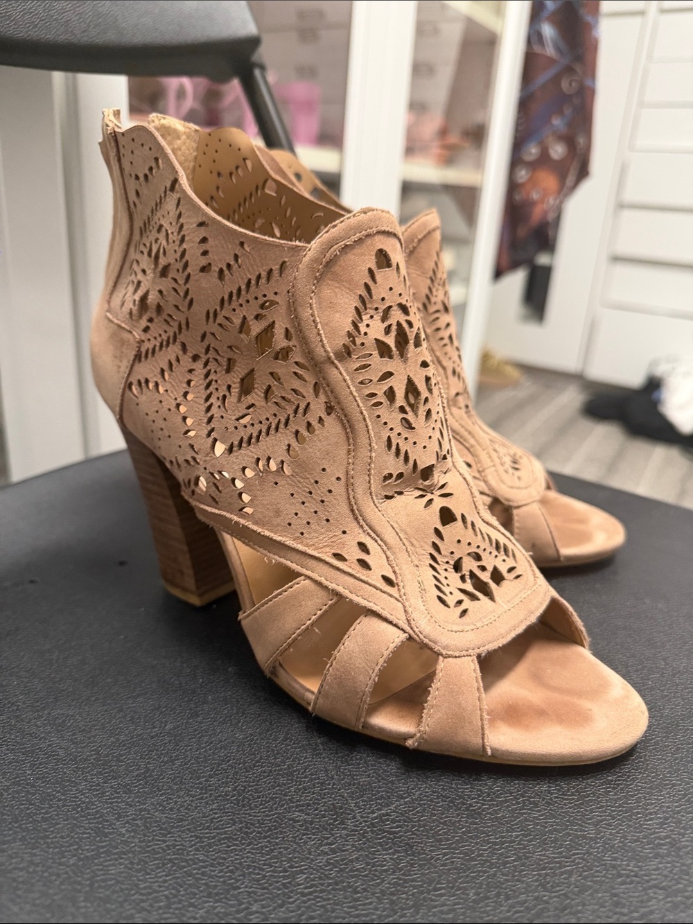 Women's Cutout Suede Peep-Toe Booties - mauve